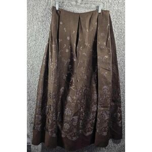 Ursula of Switzerland Skirt Brown Metallic Floral Embroidery Midi  - Womens 8
